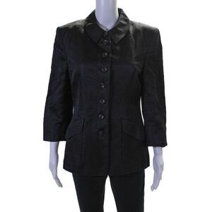 Rene Lezard Womens Button Front 3/4 Sleeve Collared Linen Jacket Black Size 10